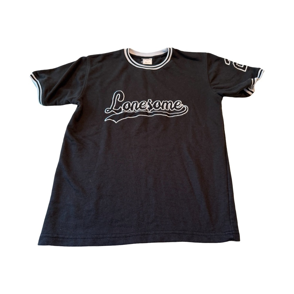 Lonesome‎ Brand Mens Small Black Ringer Tee Script Graphic Athletic Shirt S